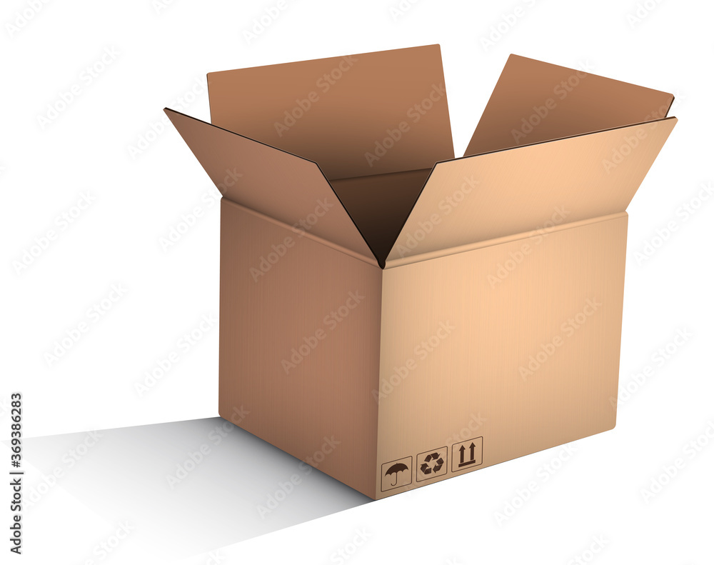 empty open cardboard box in realistic view. Delivery and transportation of goods from shops. Icon for website. Color vector empty open cardboard box in realistic view. Delivery and transportation of goods from shops. Icon for website. Color vector