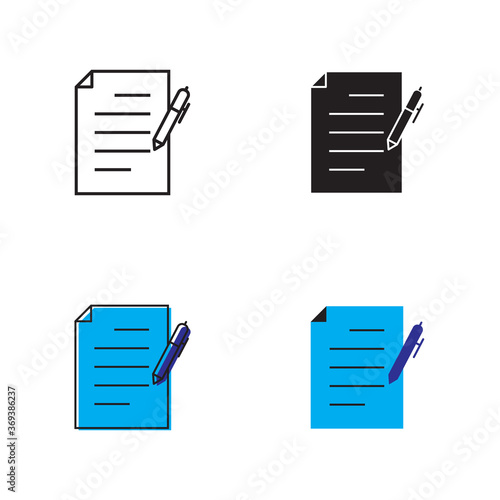 Simple document and pen icon on white background 4 types such as outline, black, color, outline and color. Vector illustration.