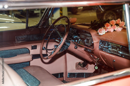 interior pink retro car close up