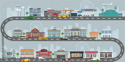 Set of buildings in the style of small business flat design.