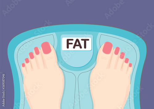 Woman standing on scale measuring with fat word.
