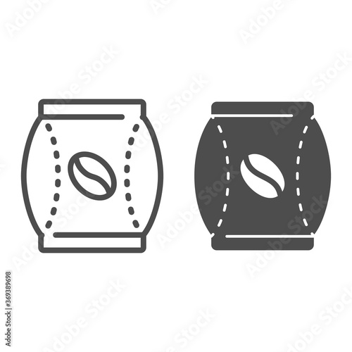 Vacuum bag with coffee beans line and solid icon, Coffee time concept, paper package sign on white background, Coffee bean pack icon in outline style for mobile concept, web design. Vector graphics.