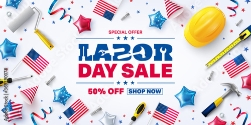 USA Labor Day Sale poster template.USA labor day celebration with american party elements and work tools.Sale promotion advertising banner template for USA Labor Day Brochures,Poster or Banner