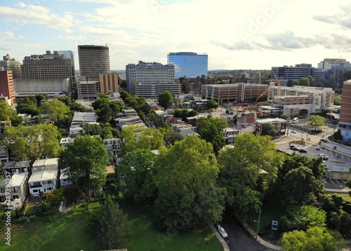 The aerial view of the downtown buildings and residential areas near Wilmington  Delaware  U.S.A