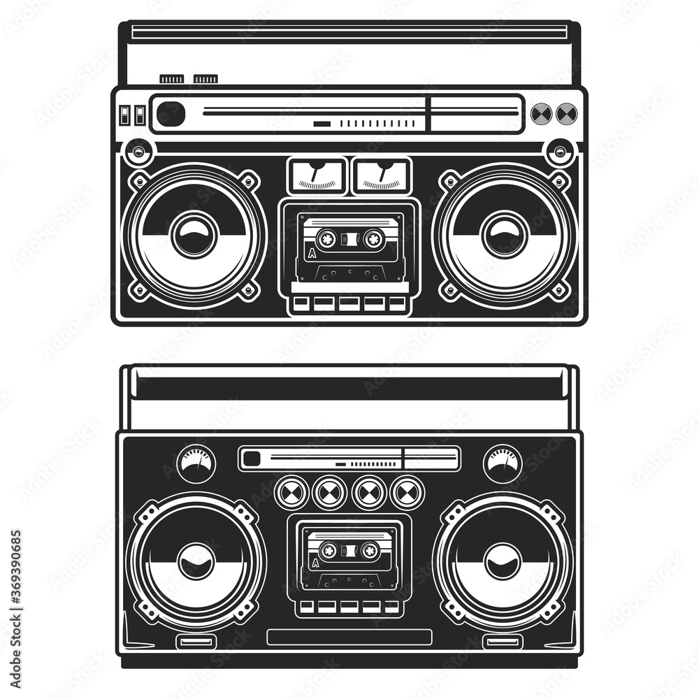 Set of Illustrations of boombox isolated on white background. Design element for poster, card, banner, logo, label, sign, badge, t shirt. Vector illustration