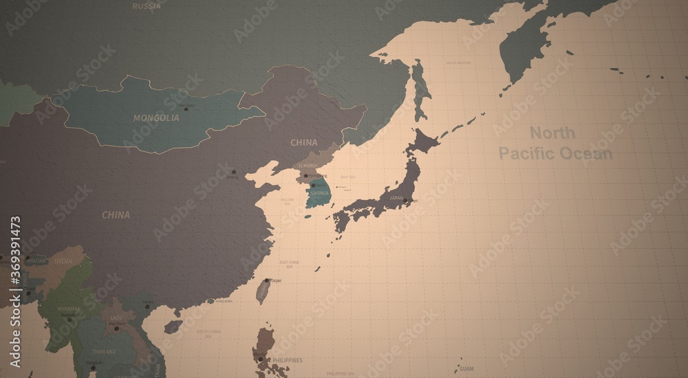 Fototapeta premium north east asia countries map. 3d rendering of vintage continental world map