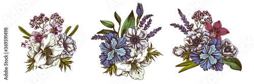 Flower bouquet of colored anemone, lavender, rosemary everlasting, phalaenopsis, lily, iris