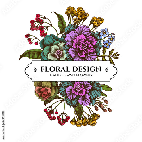 Floral bouquet design with colored wax flower, forget me not flower, tansy, ardisia, brassica, decorative cabbage