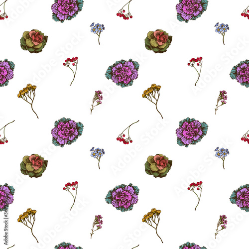 Seamless pattern with hand drawn colored wax flower, forget me not flower, tansy, ardisia, brassica, decorative cabbage