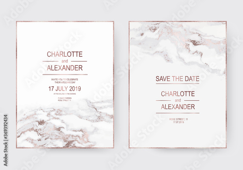 Delicate agate crystal wedding design invitation cards with rose gold foil border.