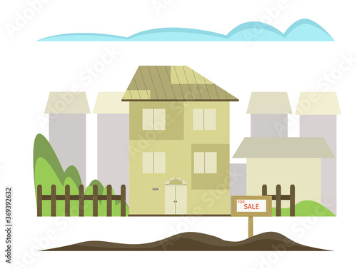 The building of a residential modern building. Home buying or selling concept. Vector illustration in flat style