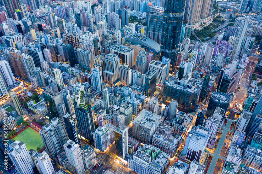 Fototapeta premium Top view of Hong Kong city at evening
