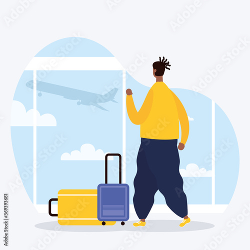 afro young man with suitcase avatar character