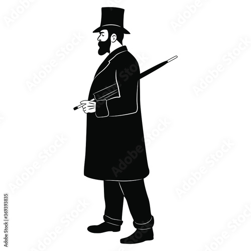 Standing man in vintage clothes. Victorian gentleman in cylinder with umbrella. Black and white silhouette. XIX century fashion.