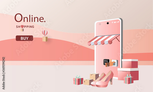 online shopping  on smart phone pink backgroud buy sell on mobile technology marketing vector illustration.