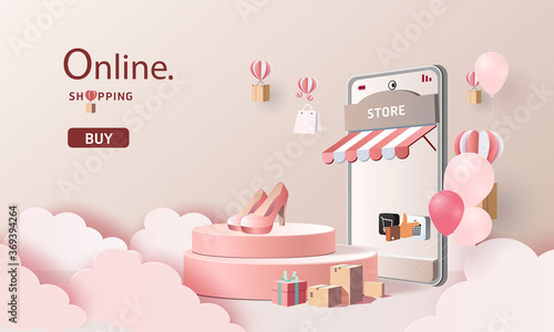 online shopping  on smart phone pink backgroud buy sell on mobile technology marketing vector illustration.