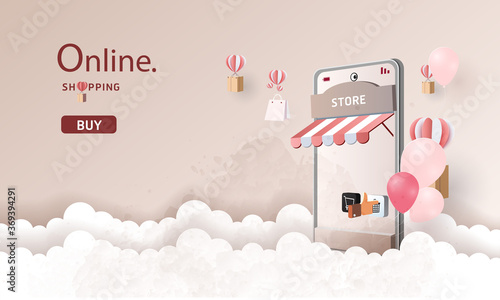 online shopping  on smart phone pink backgroud buy sell on mobile technology marketing vector illustration.