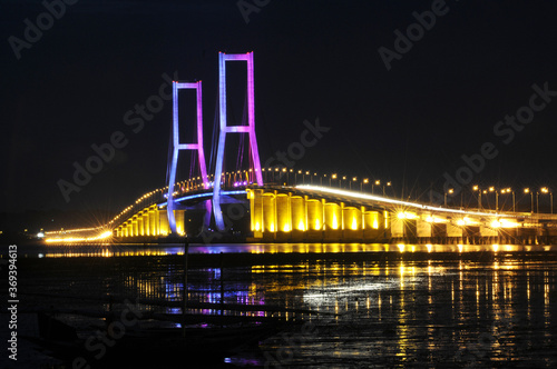 Night light, Suramadu bridge in Indonesia connects Java Island and Madura Island in Surabaya, East Java, Indonesia