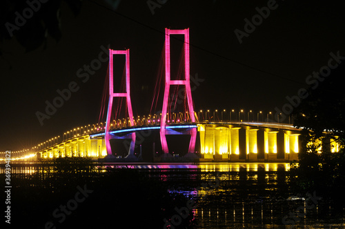 Night light, Suramadu bridge in Indonesia connects Java Island and Madura Island in Surabaya, East Java, Indonesia