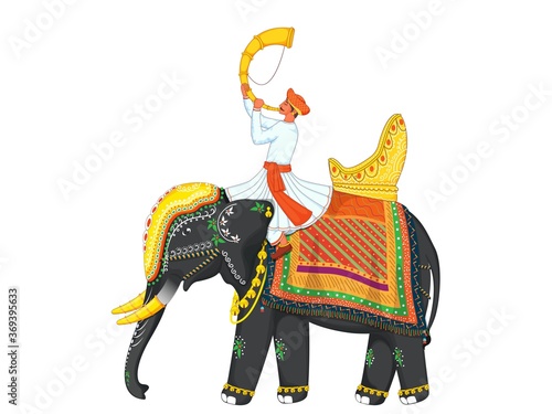 Cartoon Man Blowing Tutari Horn Sit On Decorative Elephant For Indian Celebration.
