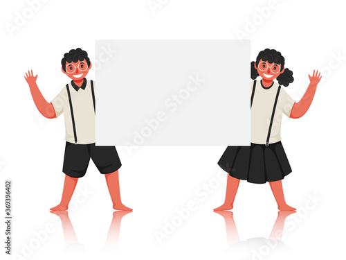Student Boy and Girl Saying Hello with Holding a Blank White Paper.
