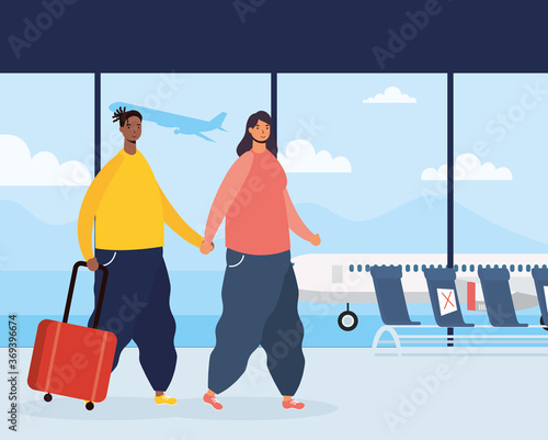 interracial couple travelers with suitcases avatars characters