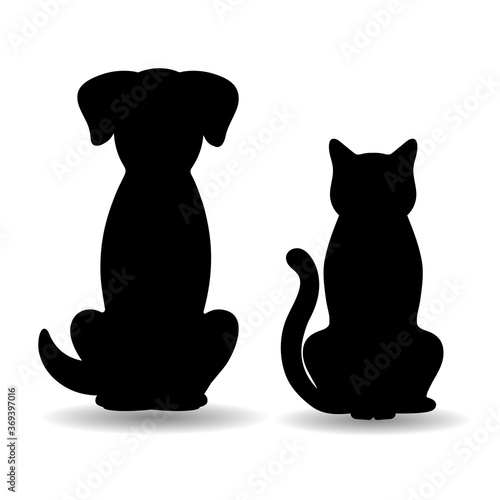 illustration of silhouettes of dog and cat with shadow on white background