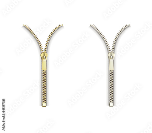 Open close zip. Realistic zipper fastener vector. Metallic gold silver white elegant zip locker. Graphic isolated illustration
