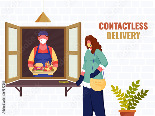 Illustration of Shopper Woman Giving Food Parcel to Customer from Window During Coronavirus for Contactless Delivery Concept.