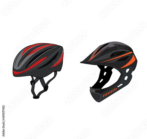 Mountain race bike and cruiser bycicle helmet realistic set. Extreme sports safety equipment. Head protection. Isolated vector illustration