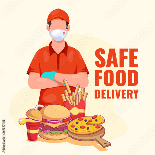 Delivery Boy Wear Protective Mask With Gloves And Presenting Fast Food On Light Yellow Background For Safe Food Deliver.