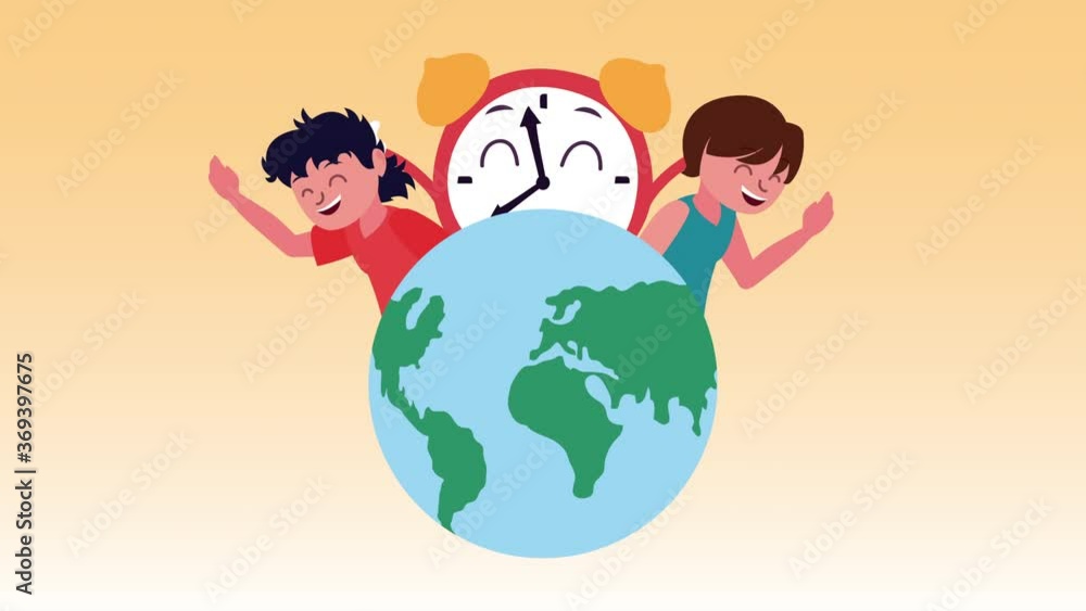 young students with alarm clock supply kawaii comic animation