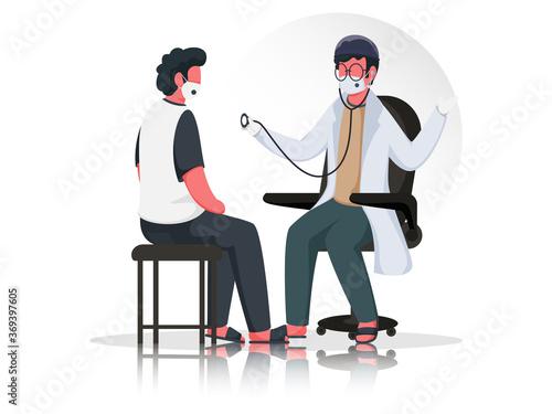Illustration Of Doctor Man Examining Patient By Stethoscope Sitting At Chair With Wear Medical Mask To Prevent From Coronavirus.