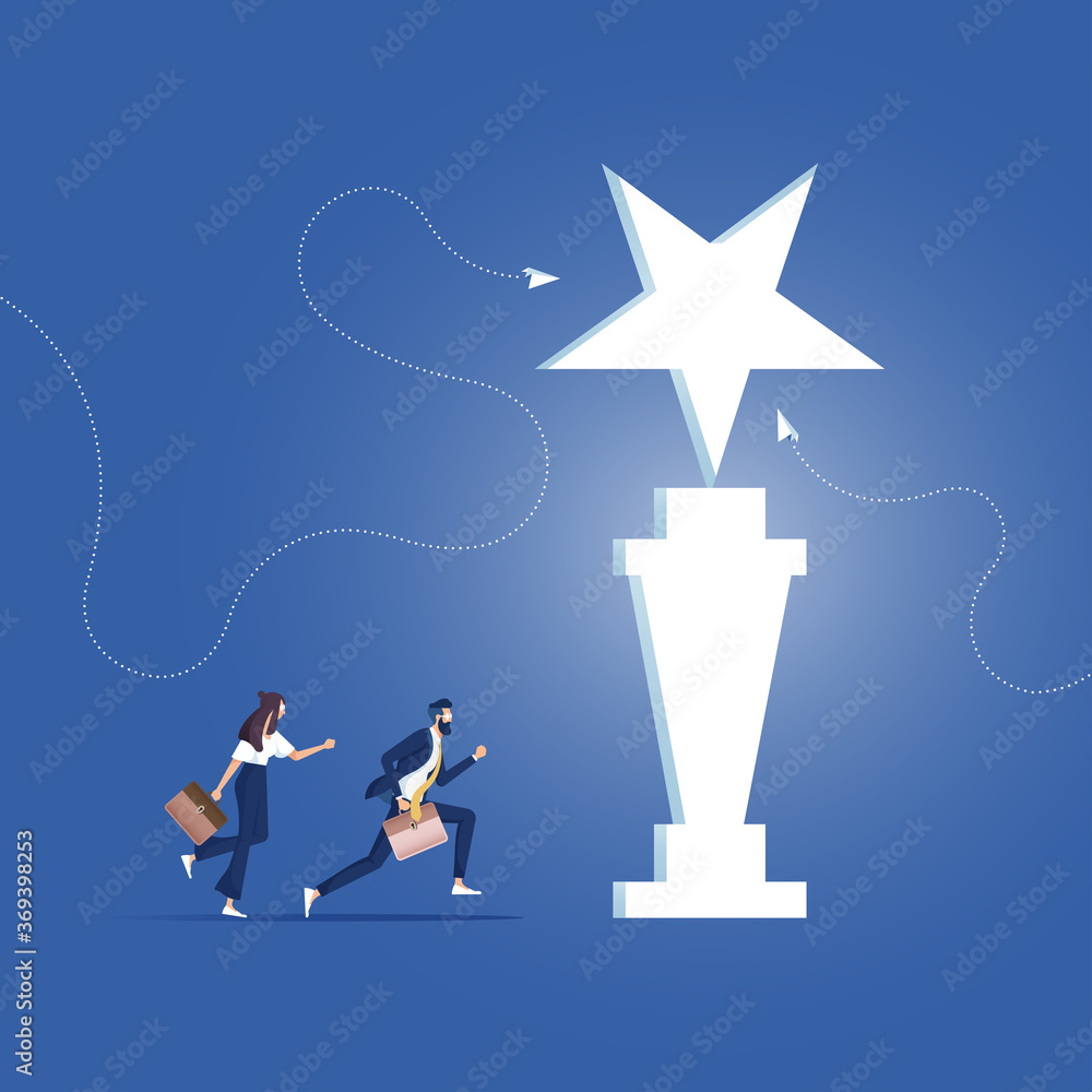 Businessman and woman running to trophy exit door, Businessman and woman running to trophy exit door. Concept of career start up and business solution. Businessman and woman running to trophy exit door, Businessman and woman running to trophy exit door. Concept of career start up and business solution.