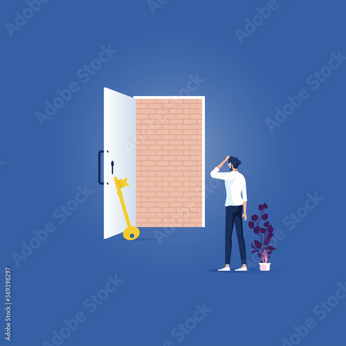 No way out, business concept Vector-Brick wall blocking the doorway, No way out, business concept Vector-Brick wall blocking the doorway-businessman standing dismal. adversity, obstacle trapped