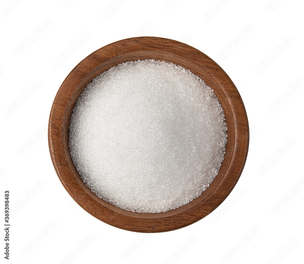white sugar in wooden bowl on white background.top view white sugar in wooden bowl on white background.top view