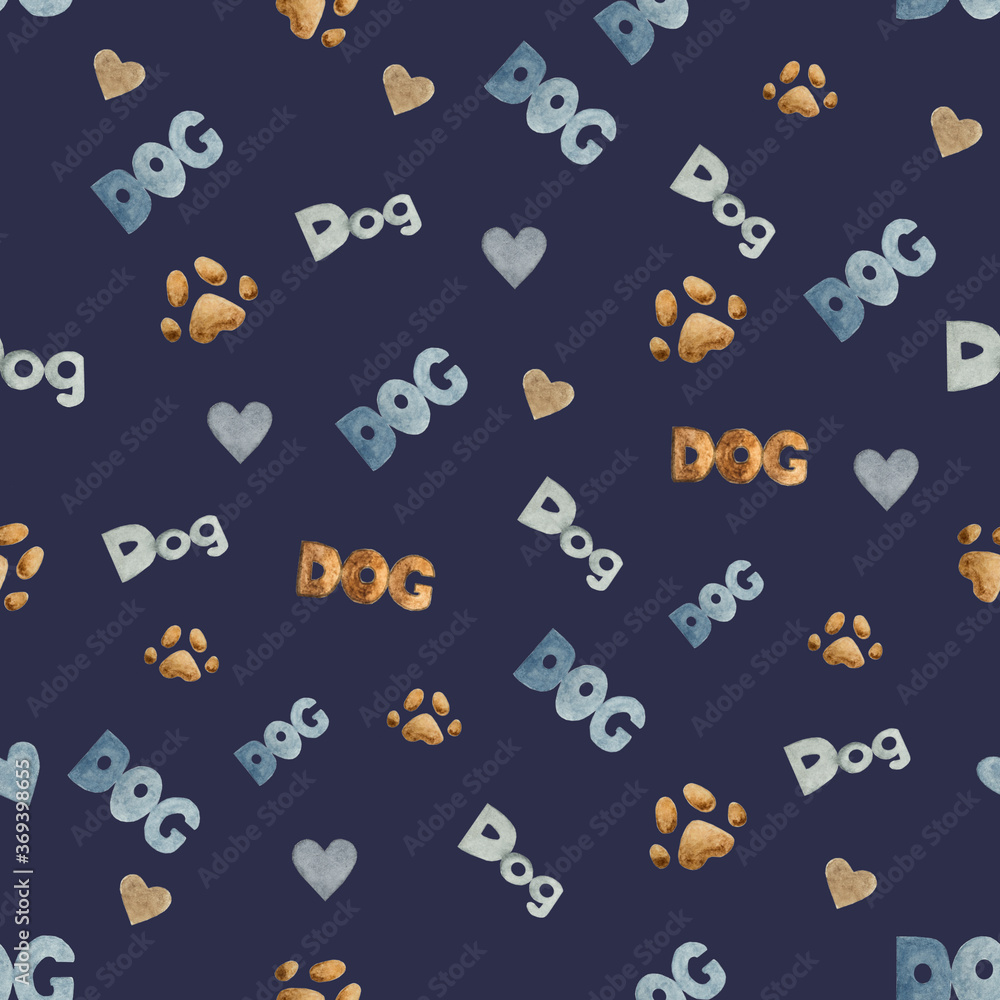 Beautiful card with patterns in the form of things for a dog. Close-up, view from above. Pet Care Concept