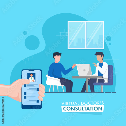 Online Virtual Doctor's Consultation Concept Based Poster Design, Faceless Doctor Talking To Patient On Blue Background.