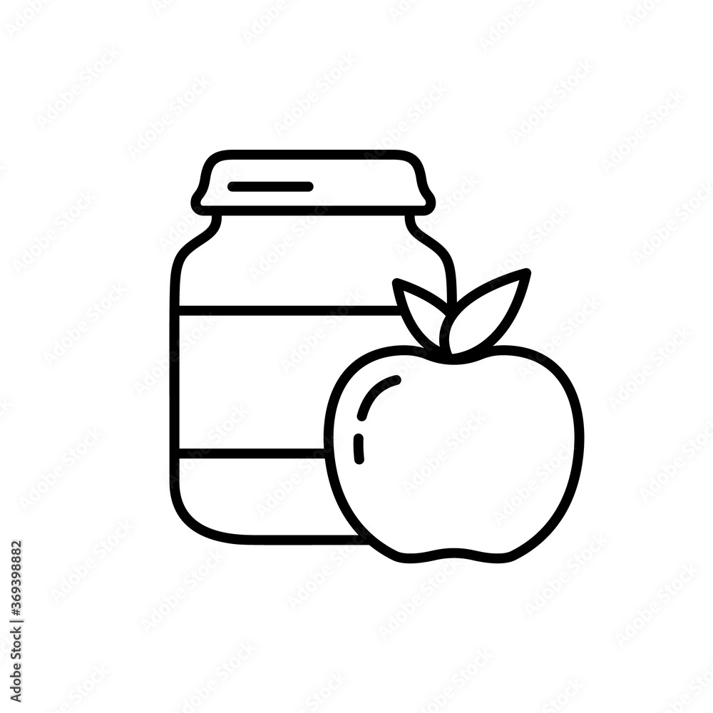 Apple baby food. Linear icon of complementary foods in jar. Black illustration of ready fruit purees in glass bottle. Contour isolated vector emblem on white background. Canned food or tinned goods Apple baby food. Linear icon of complementary foods in jar. Black illustration of ready fruit purees in glass bottle. Contour isolated vector emblem on white background. Canned food or tinned goods