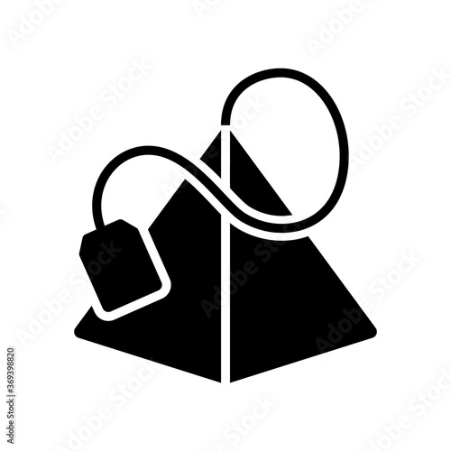 Silhouette Pyramid tea bag with curved thread, tag. Outline icon of symmetrical individual triangular package for leaf tea. Black simple illustration. Flat isolated vector emblem on white background