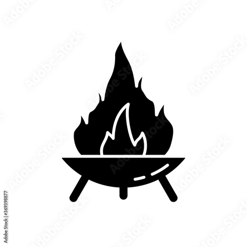 Silhouette Fire Pit on three legs. Symbol of making campfire outdoors and traveling. Diwali festival icon. Outline round bonfire bowl. Illustration for camping. Flat isolated vector, white background
