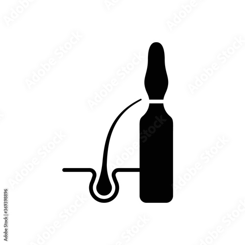 Silhouette Hair growth activator. Outline icon of ampoule with hair follicle. Black simple illustration of anti hair loss, stimulation medicine. Flat isolated vector emblem on white background