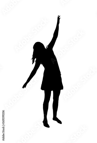 Silhouette of girl, dancing with outstretched hands, wearing skirt. Illustration isolated on white background. 