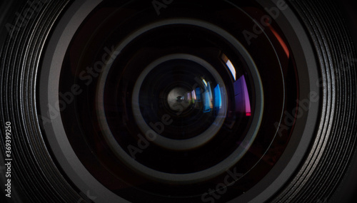 Close-up camera lens with color reflections