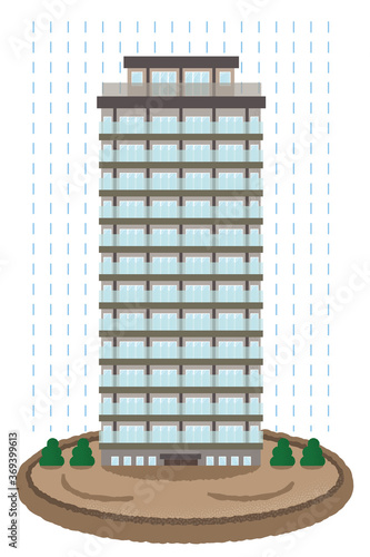 浸水の被害に遭う高層マンションのベクターイラスト