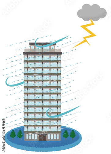 雷雨の被害に遭う高層マンションのベクターイラスト