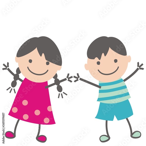 Two little chidren, girl and boy, funny vector illustration