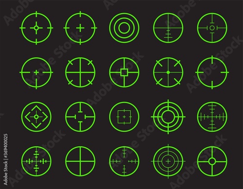 Green target line vector icon set. Neon shooter game crosshair element for firearm aiming focus. HUD sniper aim.