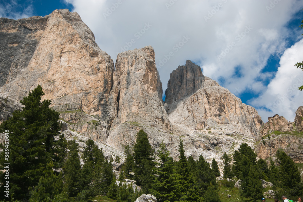 Trekking for Vajolet towers in Val di Fassa, Trentino Dolomites, Italy Trekking for Vajolet towers in Val di Fassa, Trentino Dolomites, Italy