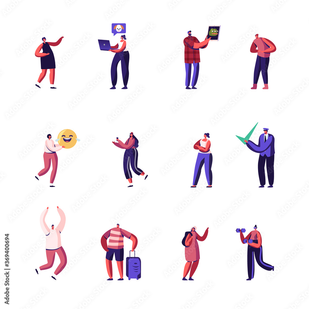 Set of Male and Female Characters Watching Viral Content in Internet Using Digital Smart Gadgets. People Travelling Set of Male and Female Characters Watching Viral Content in Internet Using Digital Smart Gadgets. People Travelling